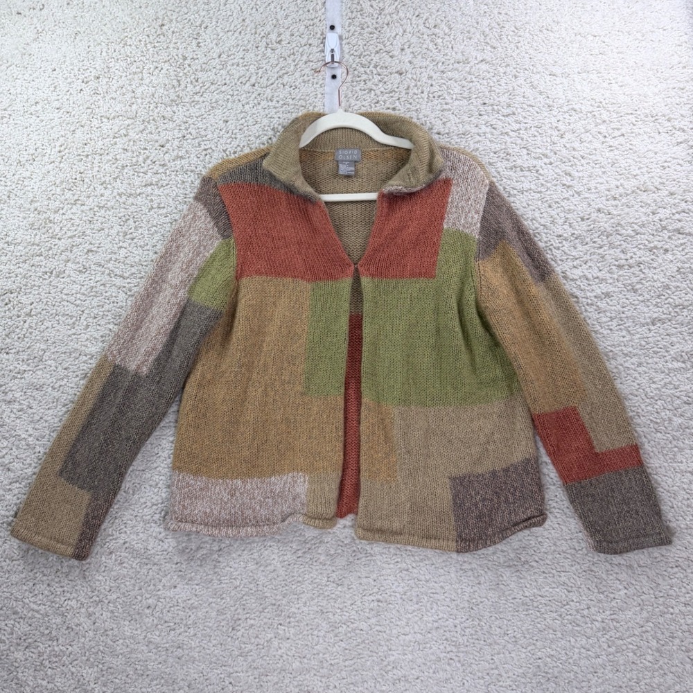 Womens Petite S Sigrid Olsen Cardigan Wool Blend Patchwork Colorblock Soft Boho